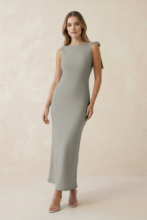 Bateau Neck Sheath Satin Midi Bridesmaid Dress With Bow in Silver - KissProm Bridesmaid Dresses