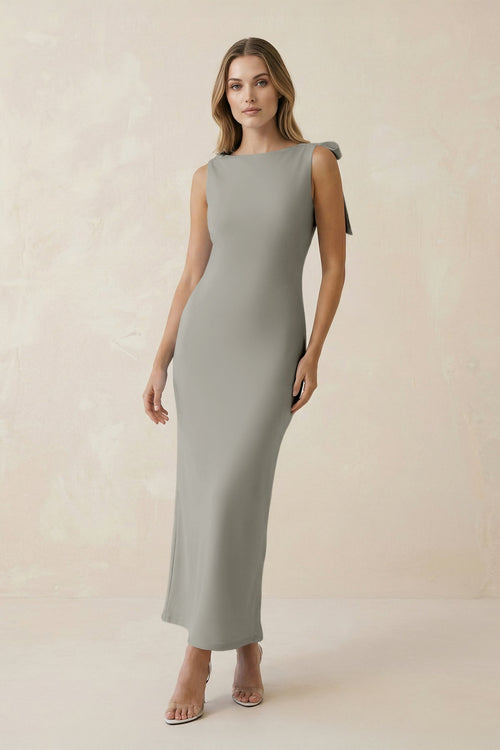 Bateau Neck Sheath Satin Midi Bridesmaid Dress With Bow in Silver - KissProm Bridesmaid Dresses