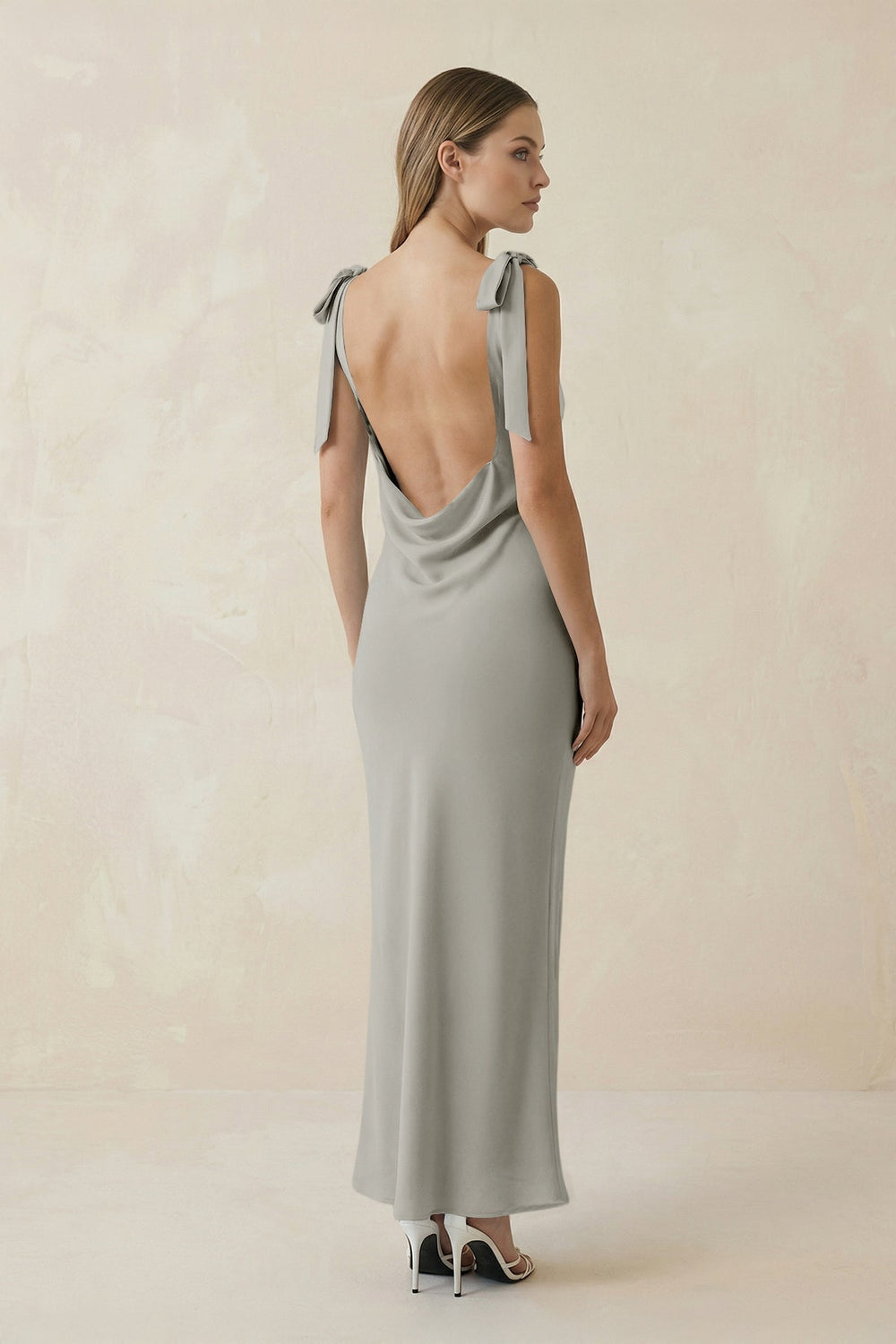 Bateau Neck Sheath Satin Midi Bridesmaid Dress With Bow in Silver - KissProm Bridesmaid Dresses