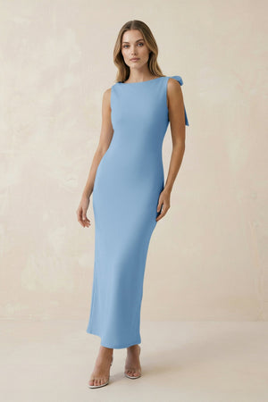 Bateau Neck Sheath Satin Midi Bridesmaid Dress With Bow in Sky Blue - KissProm Bridesmaid Dresses