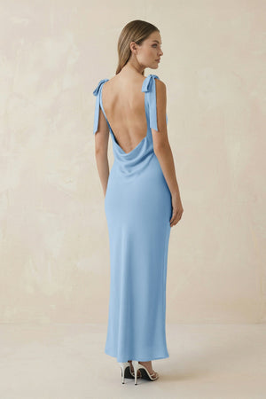 Bateau Neck Sheath Satin Midi Bridesmaid Dress With Bow in Sky Blue - KissProm Bridesmaid Dresses