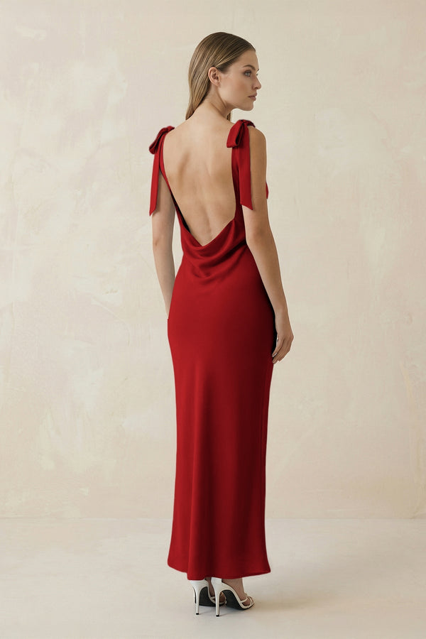 Bateau Neck Sheath Satin Midi Bridesmaid Dress With Bow in Spice - KissProm Bridesmaid Dresses
