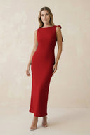 Bateau Neck Sheath Satin Midi Bridesmaid Dress With Bow in Spice - KissProm Bridesmaid Dresses