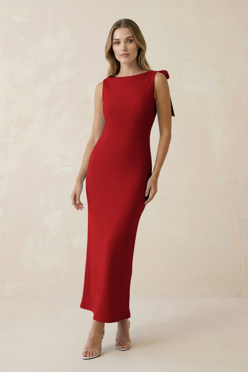 Bateau Neck Sheath Satin Midi Bridesmaid Dress With Bow in Spice - KissProm Bridesmaid Dresses