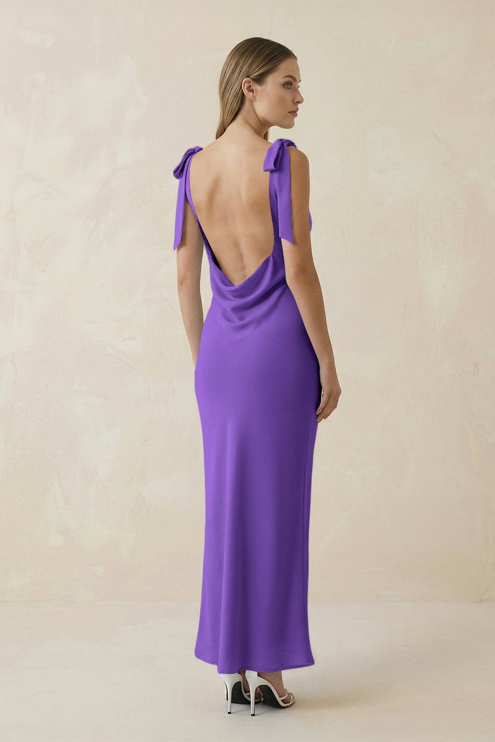 Bateau Neck Sheath Satin Midi Bridesmaid Dress With Bow in Tahiti - KissProm Bridesmaid Dresses
