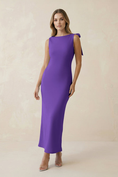 Bateau Neck Sheath Satin Midi Bridesmaid Dress With Bow in Tahiti - KissProm Bridesmaid Dresses