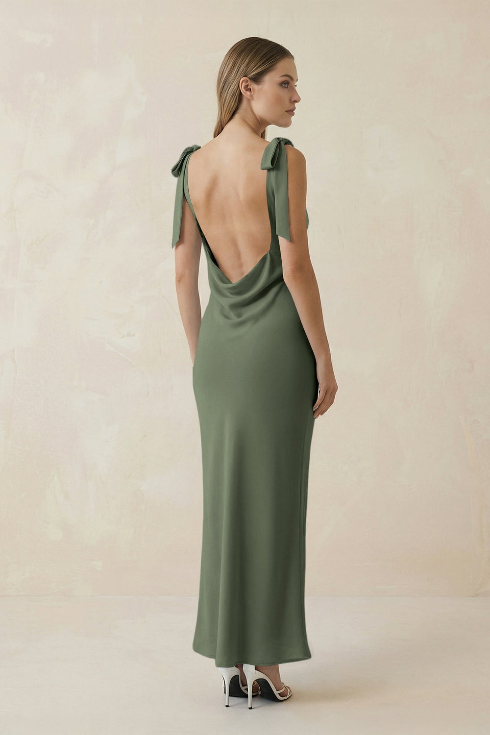 Bateau Neck Sheath Satin Midi Bridesmaid Dress With Bow in Thyme - KissProm Bridesmaid Dresses