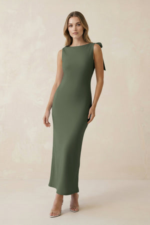Bateau Neck Sheath Satin Midi Bridesmaid Dress With Bow in Thyme - KissProm Bridesmaid Dresses