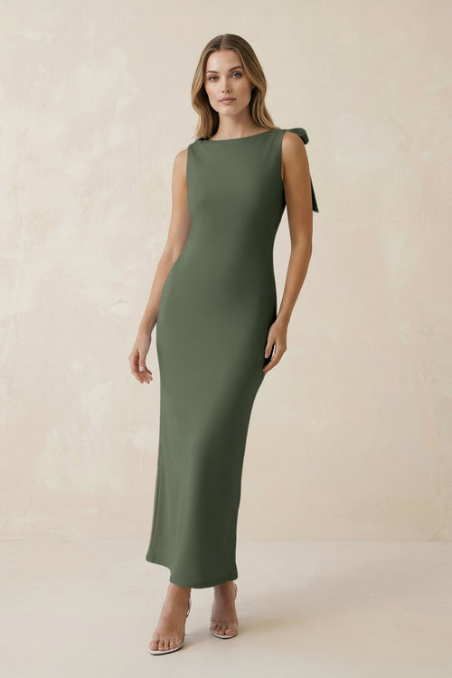 Bateau Neck Sheath Satin Midi Bridesmaid Dress With Bow in Thyme - KissProm Bridesmaid Dresses