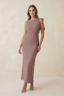 Bateau Neck Sheath Satin Midi Bridesmaid Dress With Bow in Toffee - KissProm Bridesmaid Dresses