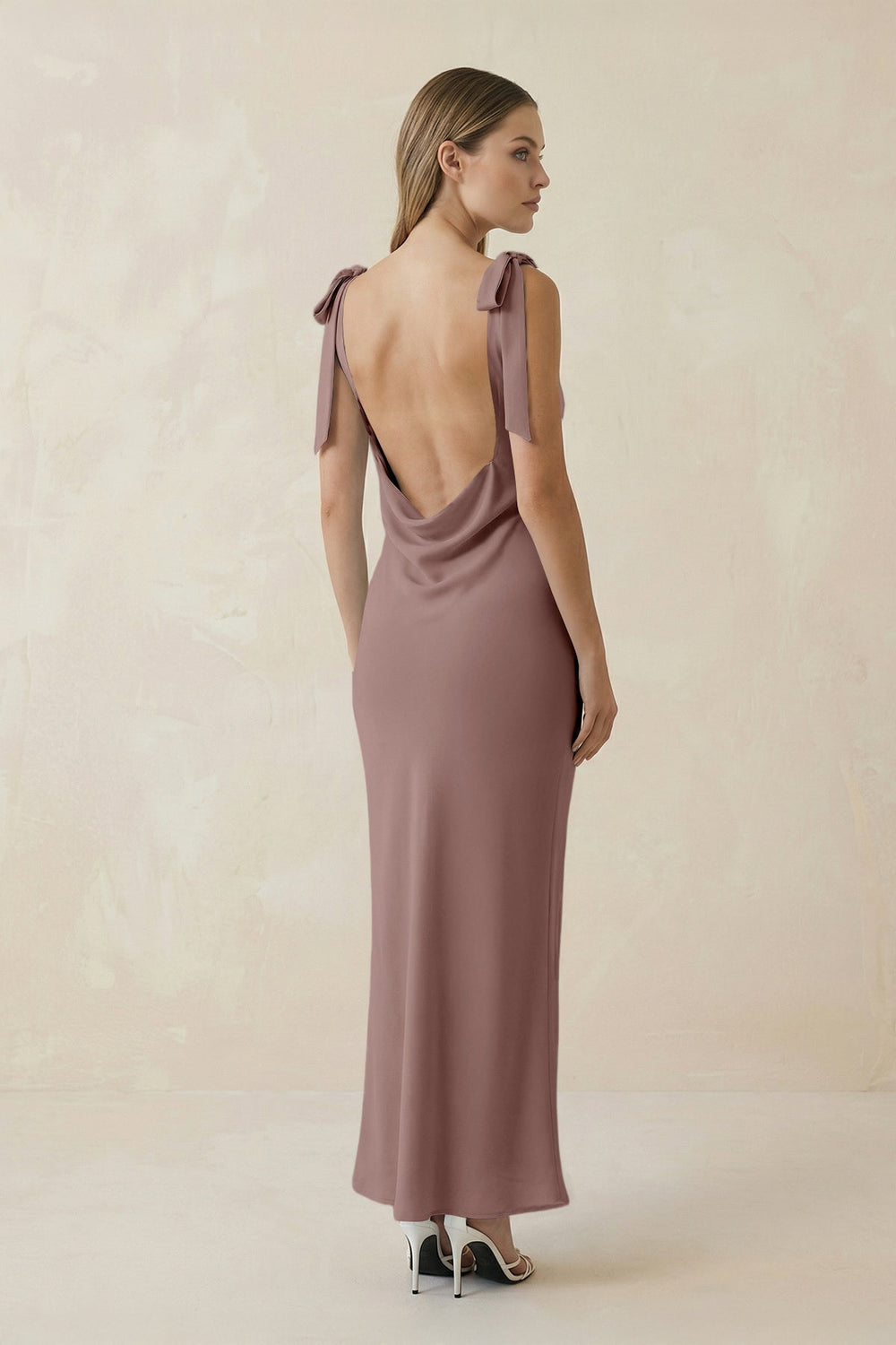 Bateau Neck Sheath Satin Midi Bridesmaid Dress With Bow in Toffee - KissProm Bridesmaid Dresses