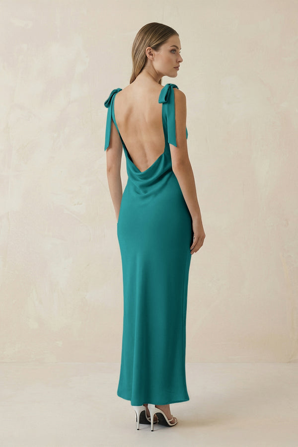KissProm | Bateau Neck Sheath Satin Midi Bridesmaid Dress With Bow in Turquoise KissProm | Bateau Neck Sheath Satin Midi Bridesmaid Dress With Bow in Turquoise