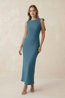 Bateau Neck Sheath Satin Midi Bridesmaid Dress With Bow in Twilight - KissProm Bridesmaid Dresses