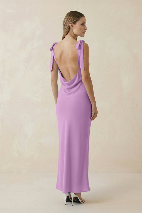Bateau Neck Sheath Satin Midi Bridesmaid Dress With Bow in Vintage Mauve - KissProm Bridesmaid Dresses