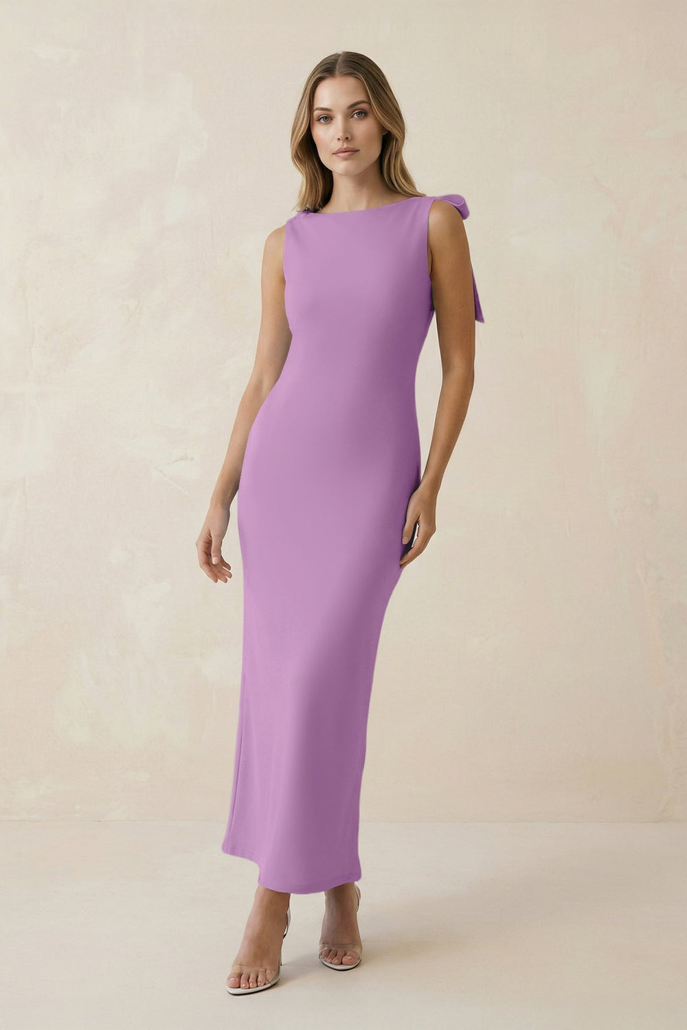 Bateau Neck Sheath Satin Midi Bridesmaid Dress With Bow in Vintage Mauve - KissProm Bridesmaid Dresses