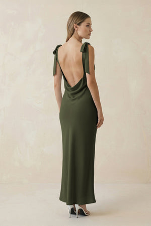 Bateau Neck Sheath Satin Midi Bridesmaid Dress With Bow in Willow Green - KissProm Bridesmaid Dresses