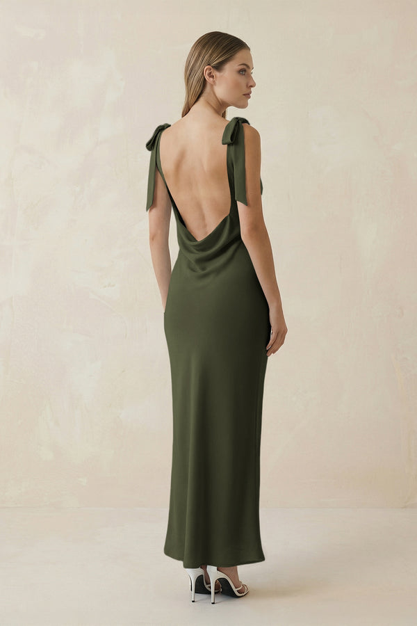 Bateau Neck Sheath Satin Midi Bridesmaid Dress With Bow in Willow Green - KissProm Bridesmaid Dresses