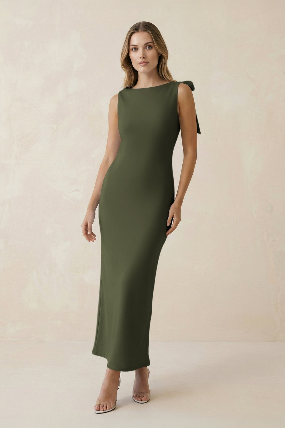Bateau Neck Sheath Satin Midi Bridesmaid Dress With Bow in Willow Green - KissProm Bridesmaid Dresses