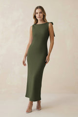 Bateau Neck Sheath Satin Midi Bridesmaid Dress With Bow in Willow Green - KissProm Bridesmaid Dresses