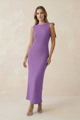 Bateau Neck Sheath Satin Midi Bridesmaid Dress With Bow in Wisteria - KissProm Bridesmaid Dresses