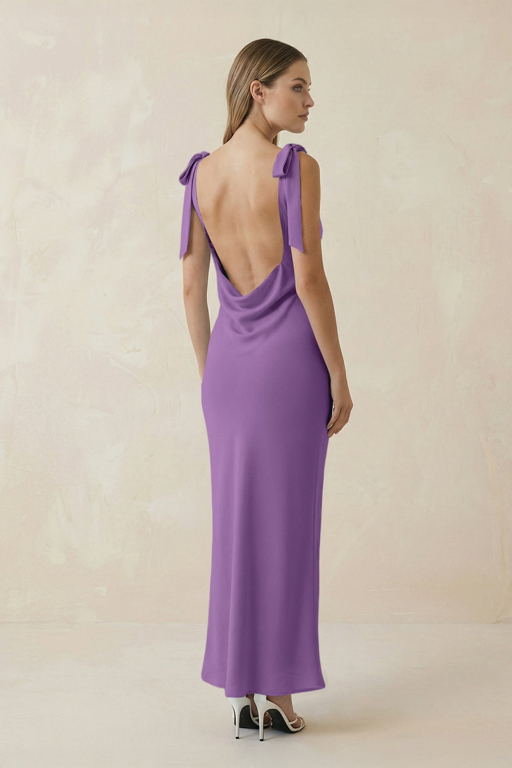 Bateau Neck Sheath Satin Midi Bridesmaid Dress With Bow in Wisteria - KissProm Bridesmaid Dresses