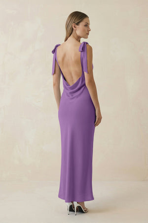 Bateau Neck Sheath Satin Midi Bridesmaid Dress With Bow in Wisteria - KissProm Bridesmaid Dresses