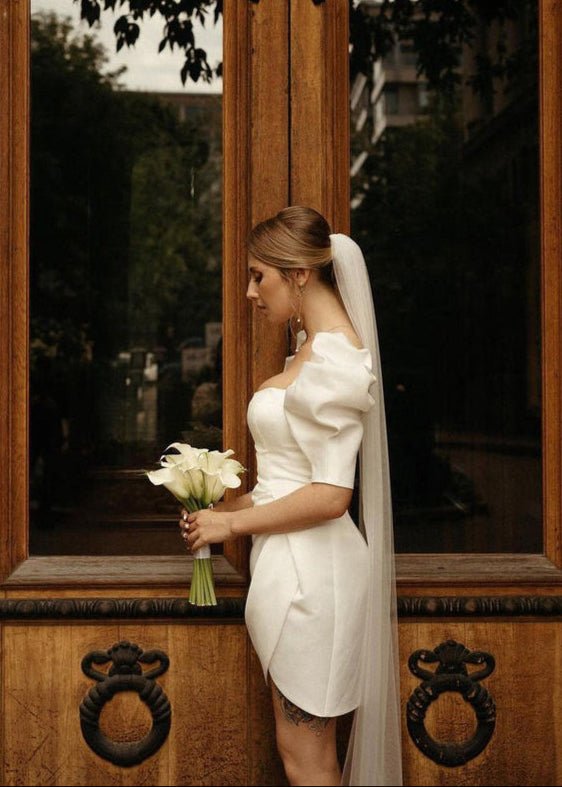 Zola | Bodycon Square Neck Satin Short Wedding Dresses with Lantern Sleeves