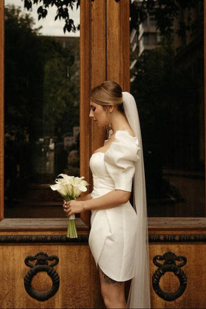 Zola | Bodycon Square Neck Satin Short Wedding Dresses with Lantern Sleeves