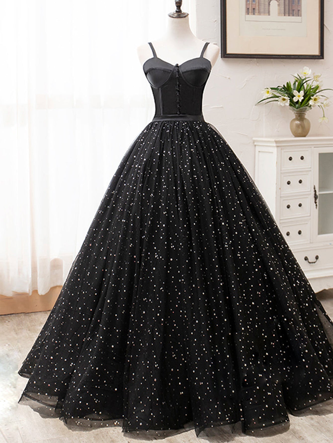 V Neck Glitter Black Long Prom Dress