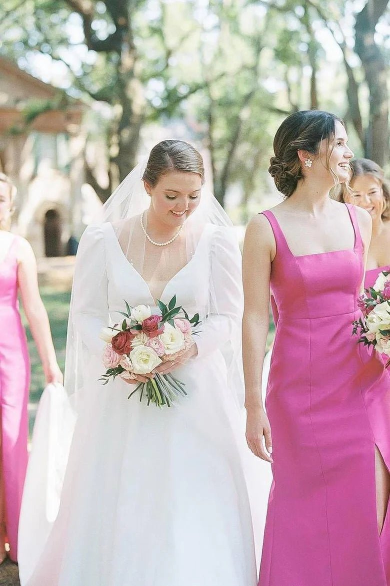 Sheath Square Neck Fuchsia Satin Bridesmaid Dresses with Bow, Fuchsia / 4 Sheath Square Neck Fuchsia Satin Bridesmaid Dresses with Bow, Fuchsia / 4