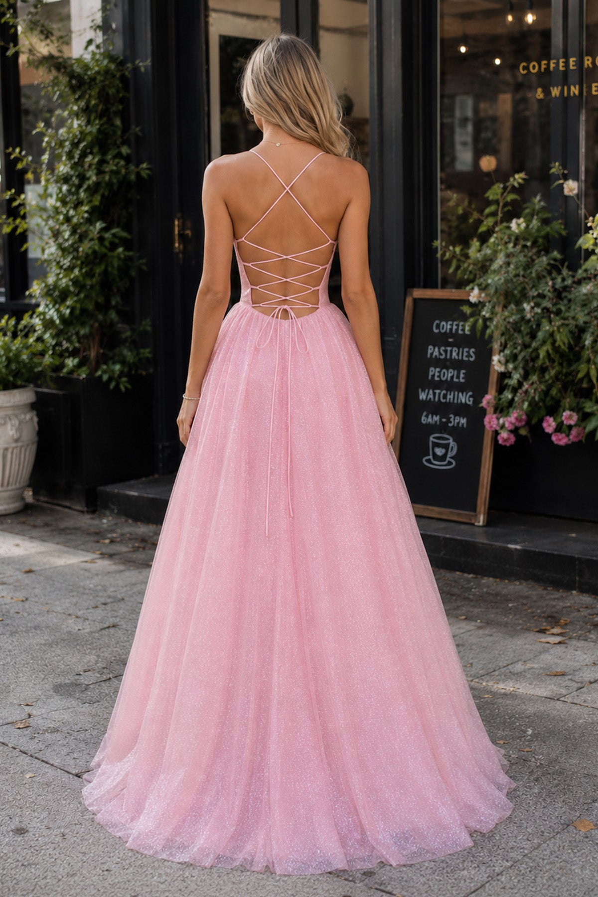 Pink Tulle Long Backless Prom Dress A-Line V Neck Party Dress, Pink / 14 Pink Tulle Long Backless Prom Dress A-Line V Neck Party Dress, Pink / 14