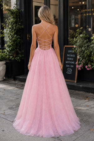 beautiful backless prom dresses Pink Tulle Long Backless Prom Dress A-Line V Neck Party Dress, Pink / 14