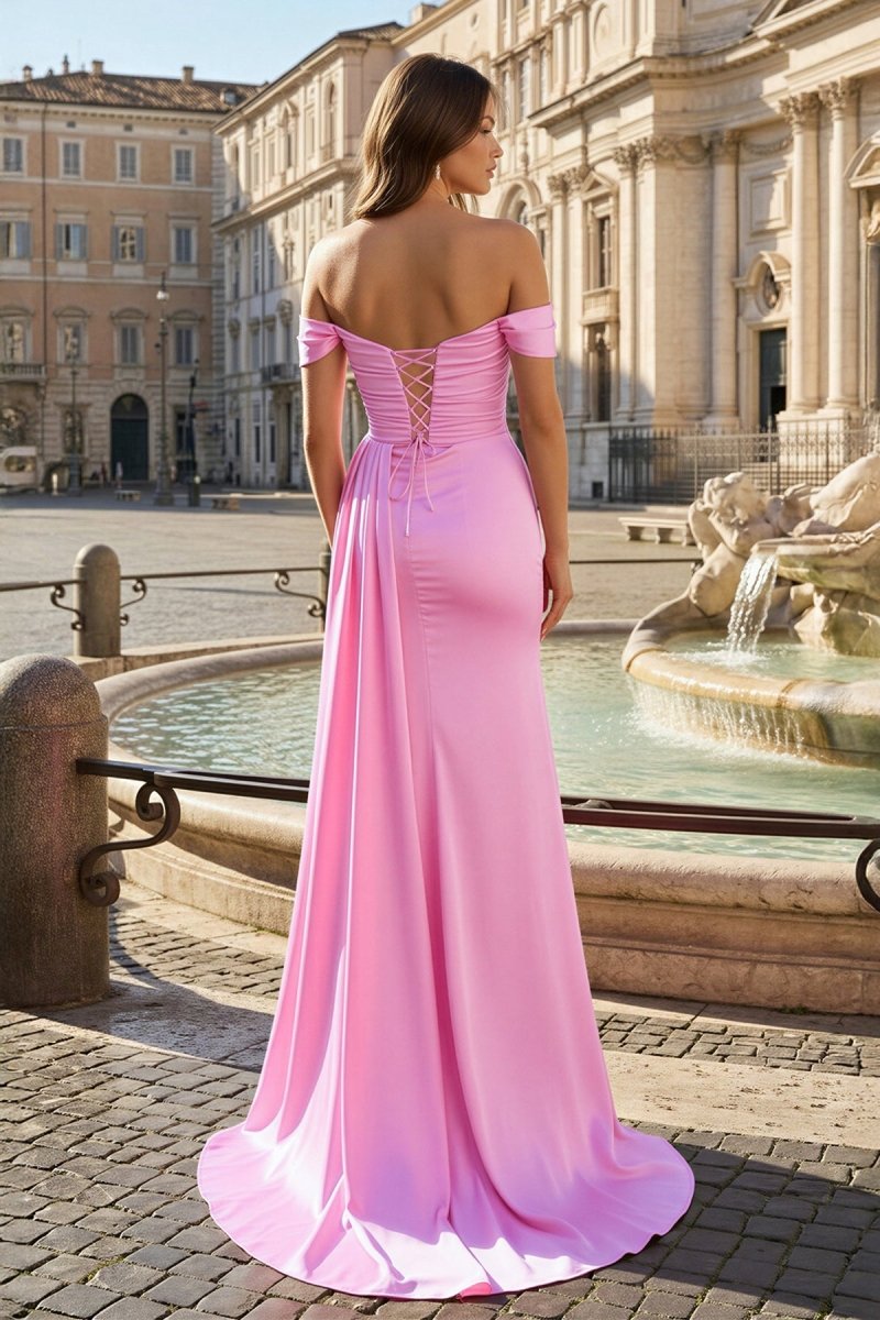 Pink Mermaid Off The Shoulder Satin Beaded Long Prom Dresses With Slit – Prom Dresses by KissProm | Available at KissProm
