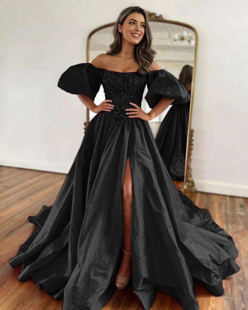 navy blue dress for baby girl Simple Taffeta Black A Line Long Prom Dress with Slit PL496 main image 0
