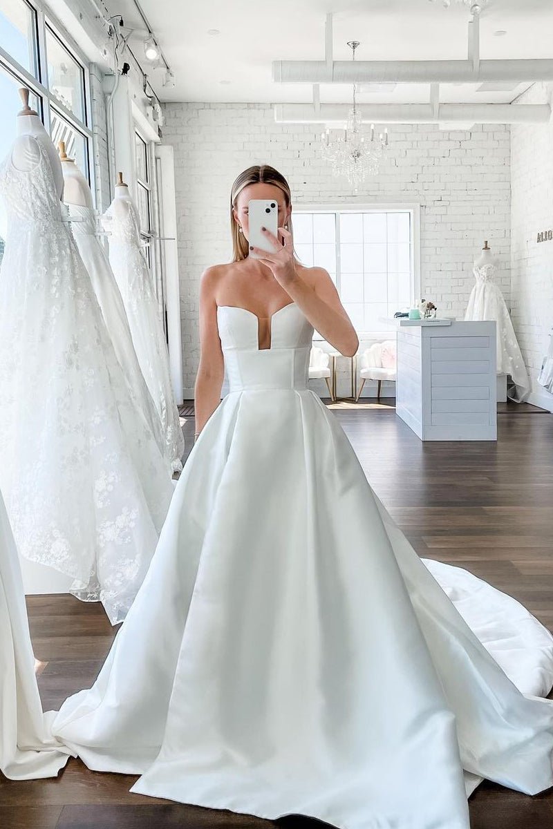 A-Line V Neck Satin Wedding Dresses with Detachable Straps, Diamond White / 22 A-Line V Neck Satin Wedding Dresses with Detachable Straps, Diamond White / 22