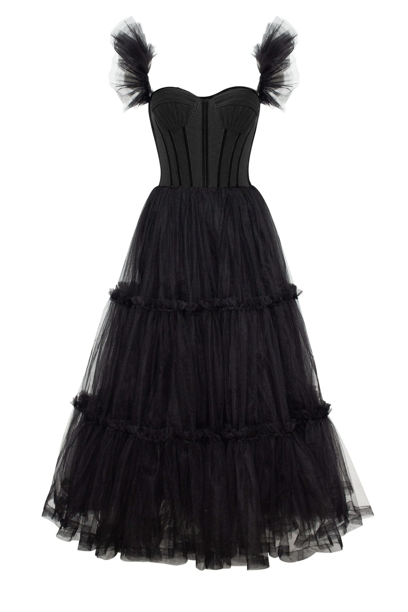 A-Line Corset Ruffled Tulle Prom Dress, Black / 8 A-Line Corset Ruffled Tulle Prom Dress, Black / 8