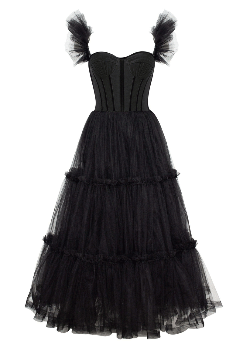 Daphnie Drop Waist Tulle Midi Dress Black main image 1