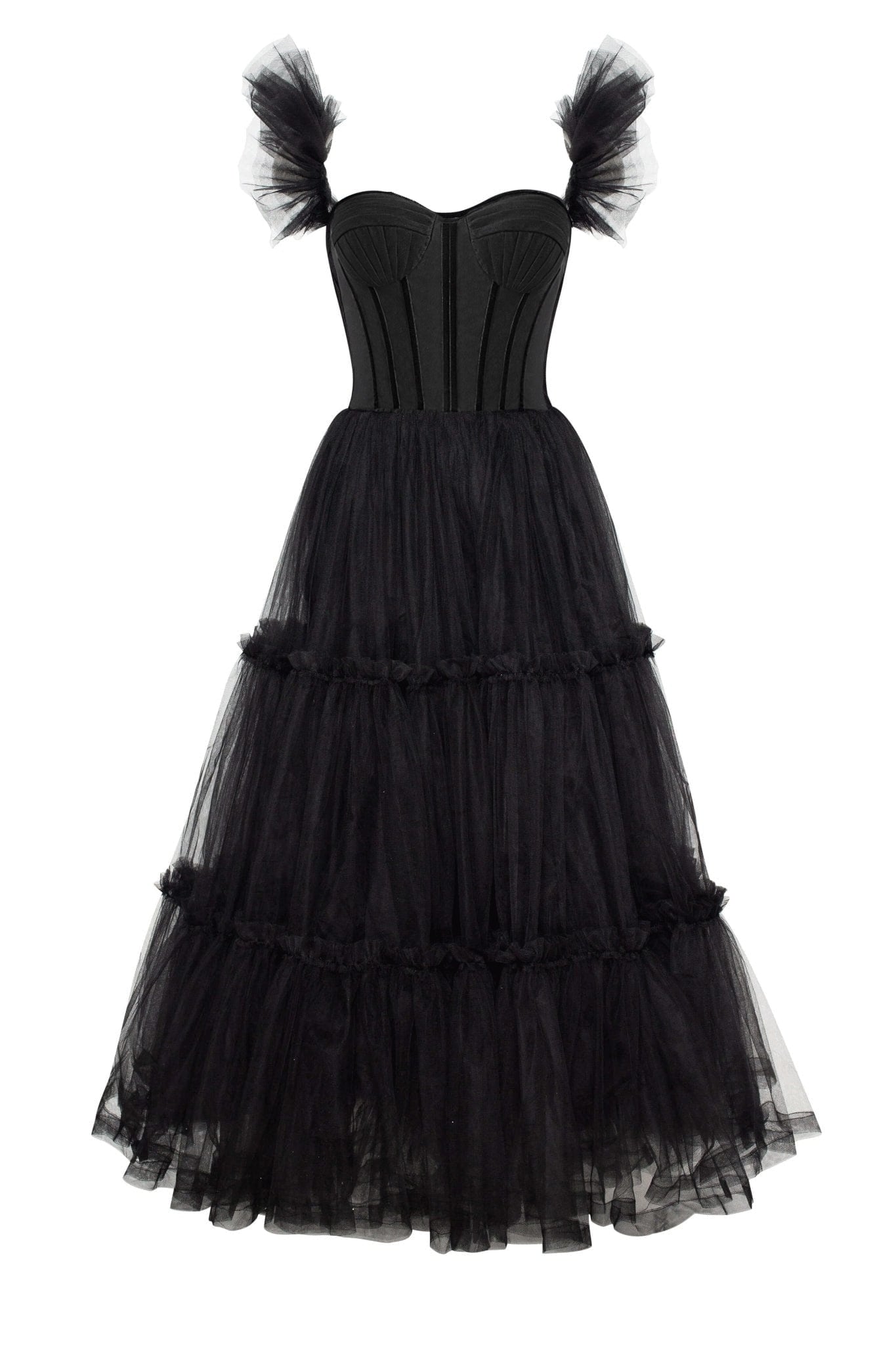 black tulle midi dress dress- A corset bodice balances the softness of the puffy tulle skirt Mademoiselle Black Tulle Midi Dress