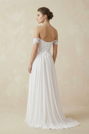 Beach Chiffon A line Floor Length Off-Shoulder Bridal Gown With Pleats– Wedding Dresses by KissProm | Available at KissProm