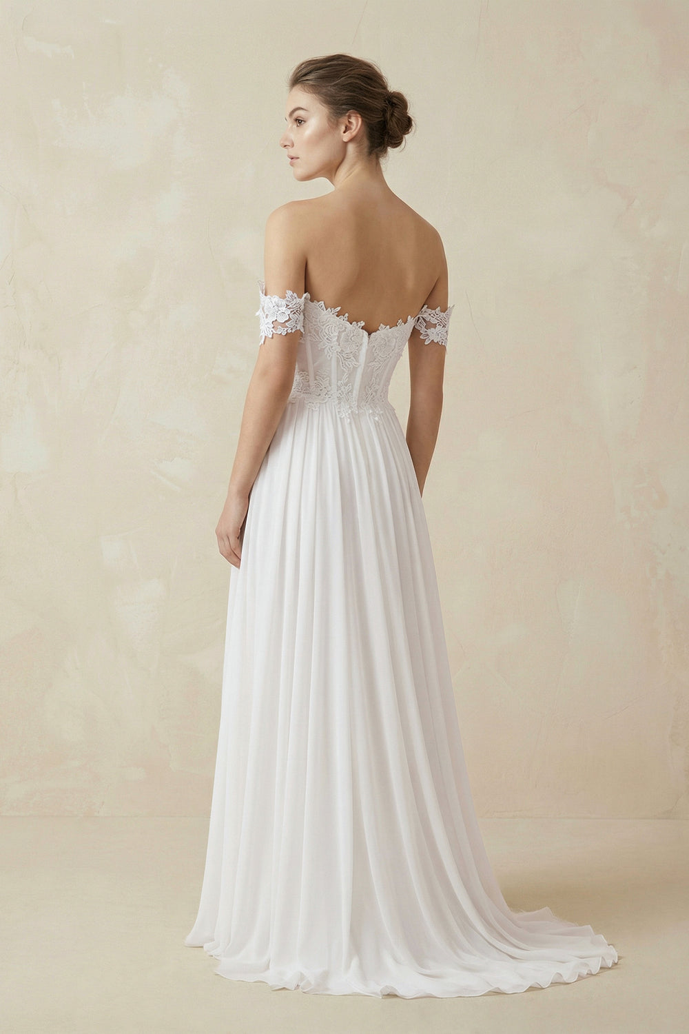 Beach Chiffon A line Floor Length Off-Shoulder Bridal Gown With Pleats– Wedding Dresses by KissProm | Available at KissProm