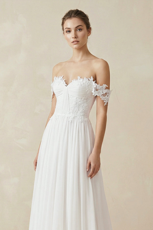 Beach Chiffon A line Floor Length Off-Shoulder Bridal Gown With Pleats– Wedding Dresses by KissProm | Available at KissProm