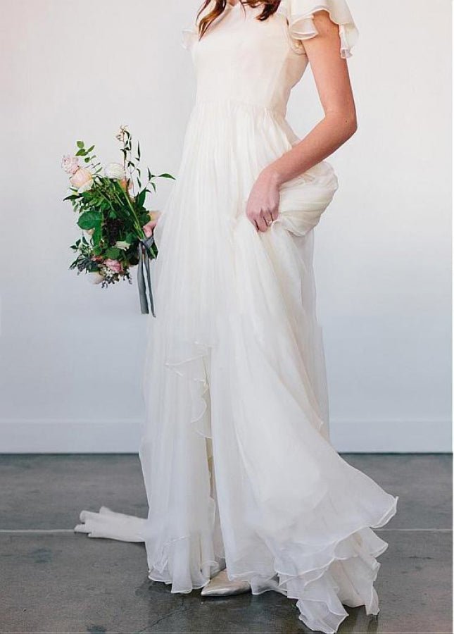 Beach Chiffon A-Line Simple White Wedding Dress with Short Sleeves Beach Chiffon A-Line Simple White Wedding Dress with Short Sleeves
