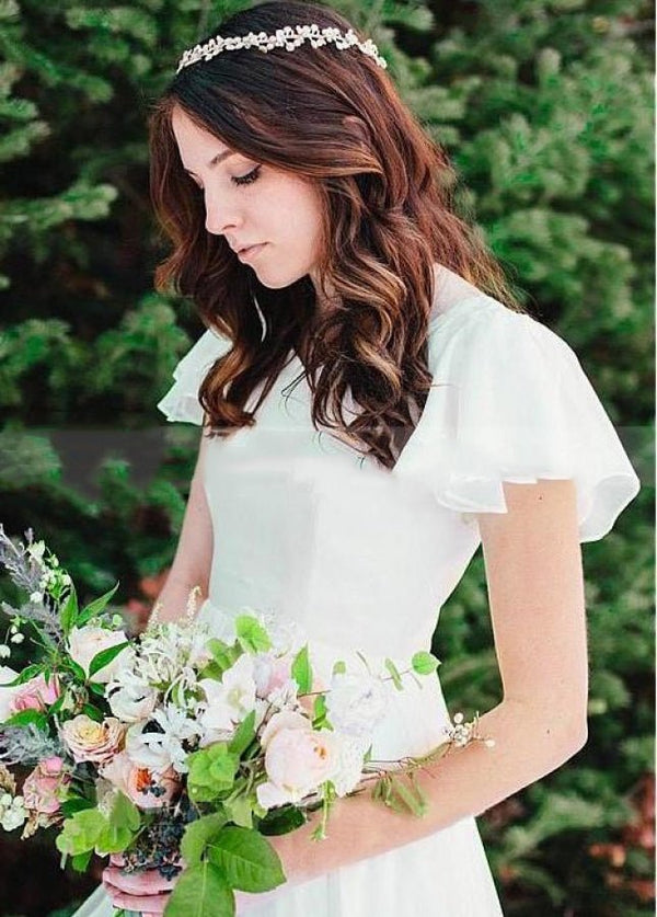 short sleeve beach wedding dresses Beach Chiffon A-Line Simple White Wedding Dress with Short Sleeves