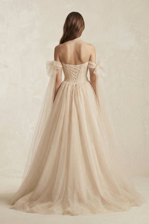 Beach Pleated Tulle Off-The-Shoulder A-Line Wedding Dresses With Slit – Wedding Dresses by KissProm | Available at KissProm