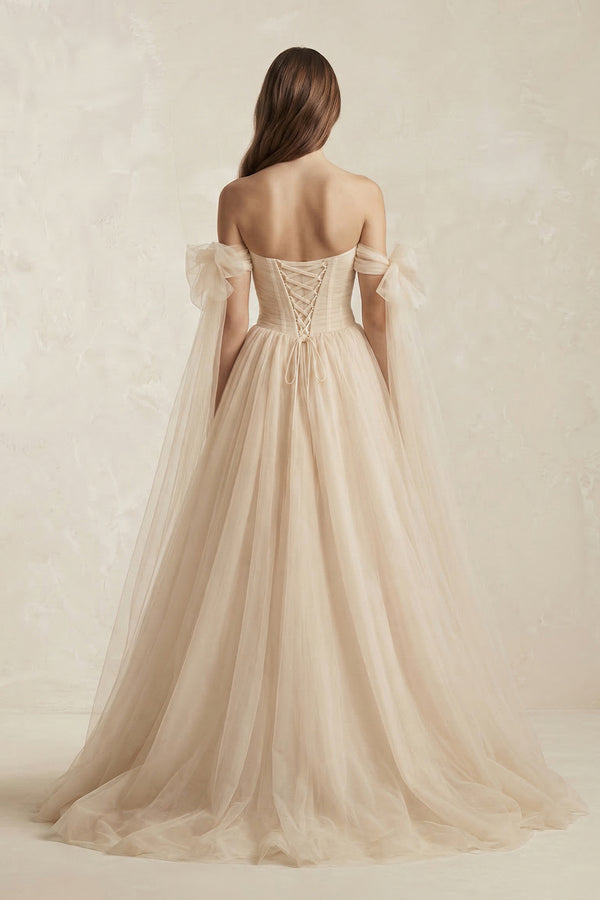 Beach Pleated Tulle Off-The-Shoulder A-Line Wedding Dresses With Slit – Wedding Dresses by KissProm | Available at KissProm