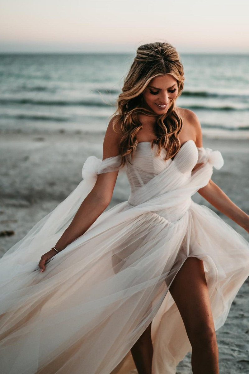 Beach Pleated Tulle Off-The-Shoulder A-Line Wedding Dresses With Slit Beach Pleated Tulle Off-The-Shoulder A-Line Wedding Dresses With Slit