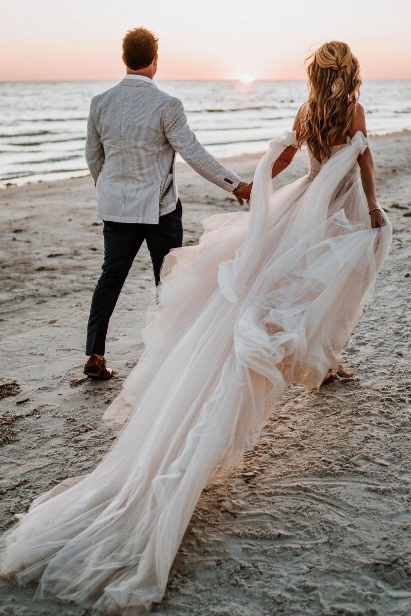 beach tulle wedding dress Beach Pleated Tulle Off-The-Shoulder A-Line Wedding Dresses With Slit