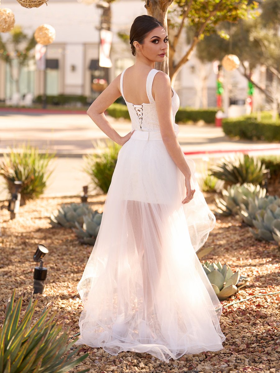 Beach Short Sweetheart Detachable Lace Wedding Dress with Tied Back Diamond White / 6