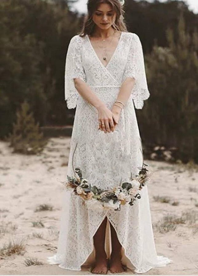Bohemian Lace Deep V Neck Half Sleeves A Line Beach Wedding Dresses - KissProm