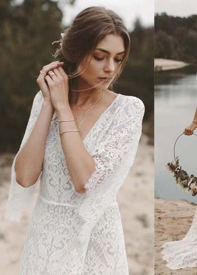 Bohemian Lace Deep V Neck Half Sleeves A Line Beach Wedding Dresses - KissProm